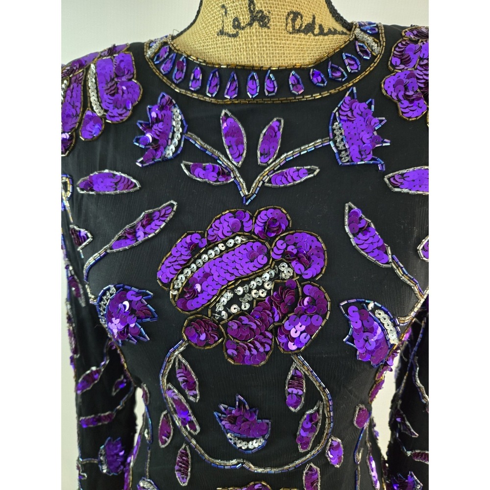 women's 100% Silk Purple Floral Festival live house sequin blouse Top size PS - Picture 6 of 7